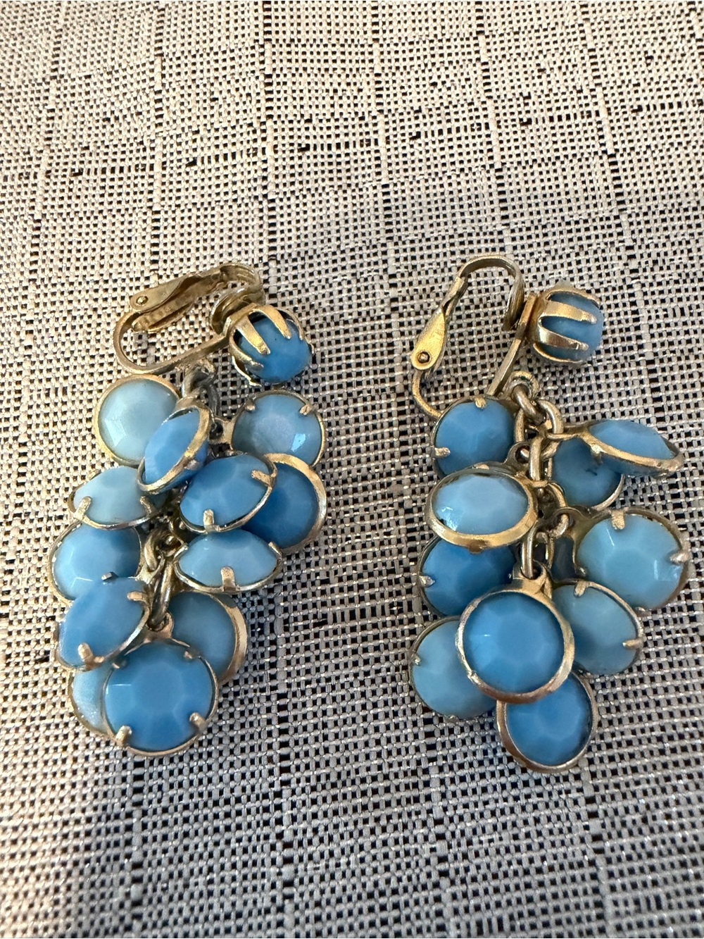 Blue Cluster Drop Earrings - Gold Tone